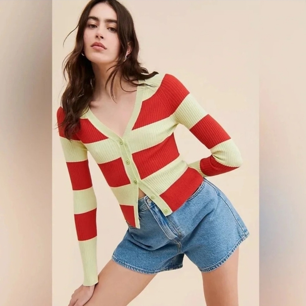 NEW Anthropologie Maeve Striped Vneck Cardigan Button-Up Red Green Womens  Small